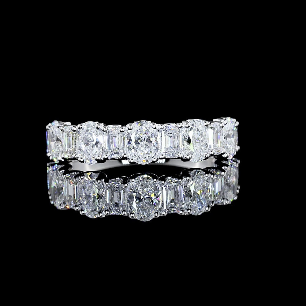 18K White Gold Half Eternity Band with Alternating Oval and Emerald Cut Lab Diamonds - 1.56 Carat Total Weight - Covaloro Fine Jewelry