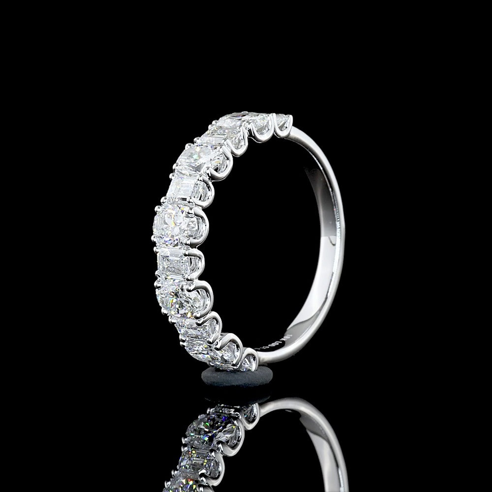 18K White Gold Half Eternity Band with Alternating Oval and Emerald Cut Lab Diamonds - 1.56 Carat Total Weight - Covaloro Fine Jewelry