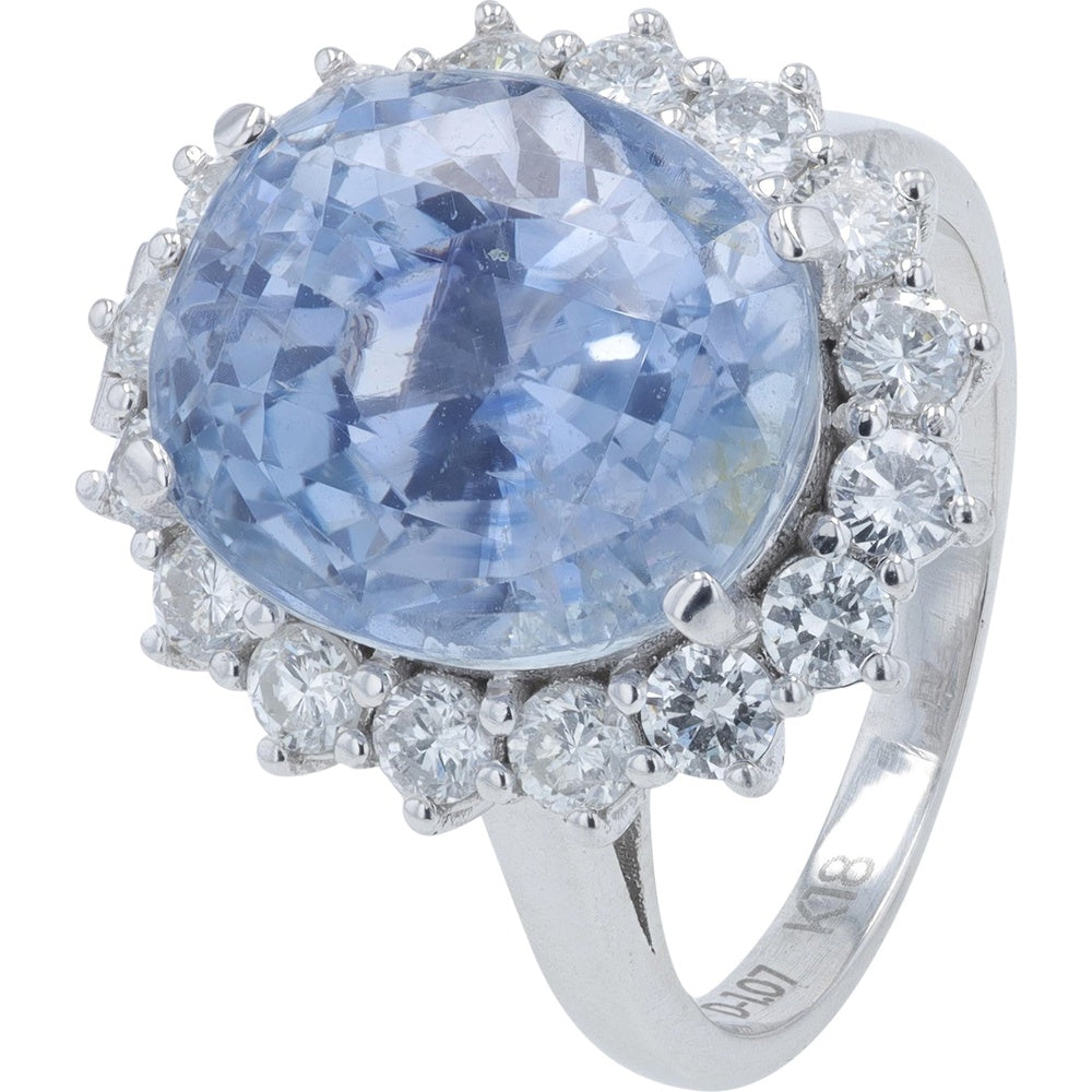 18K White Gold Halo Cocktail Ring with 12.382 Carat Oval Cut Sapphire and 1.07 Carat Round Diamond Accents