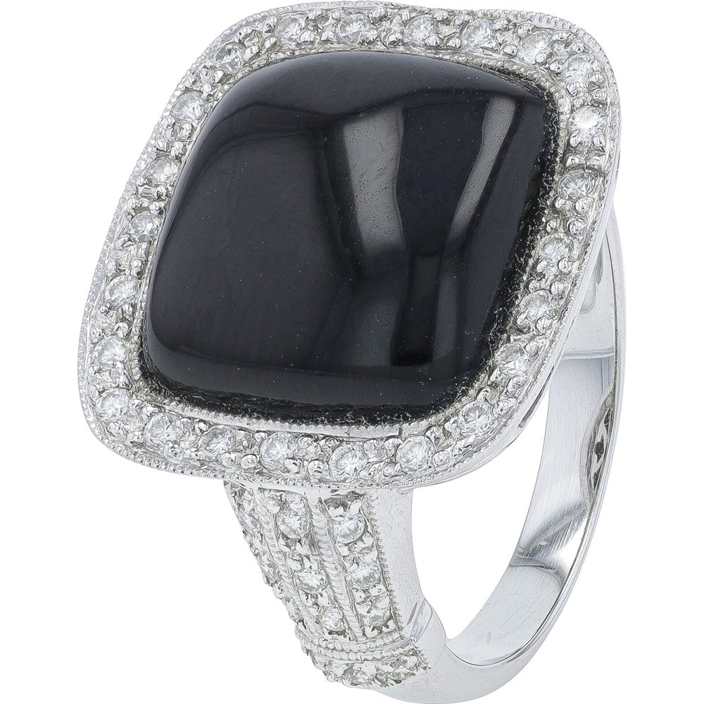 18K White Gold Halo Cocktail Ring with Cushion-Cut Black Onyx and Round Diamonds - 0.33 Carat Total Diamond Weight