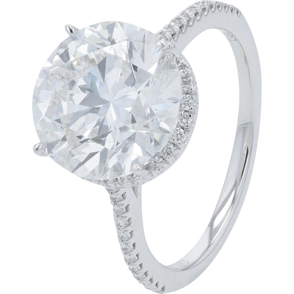 18K White Gold Halo Engagement Ring with 5.00 Carat Round Lab Grown Diamond and Pave Band - 5.25 Carat Total Diamond Weight