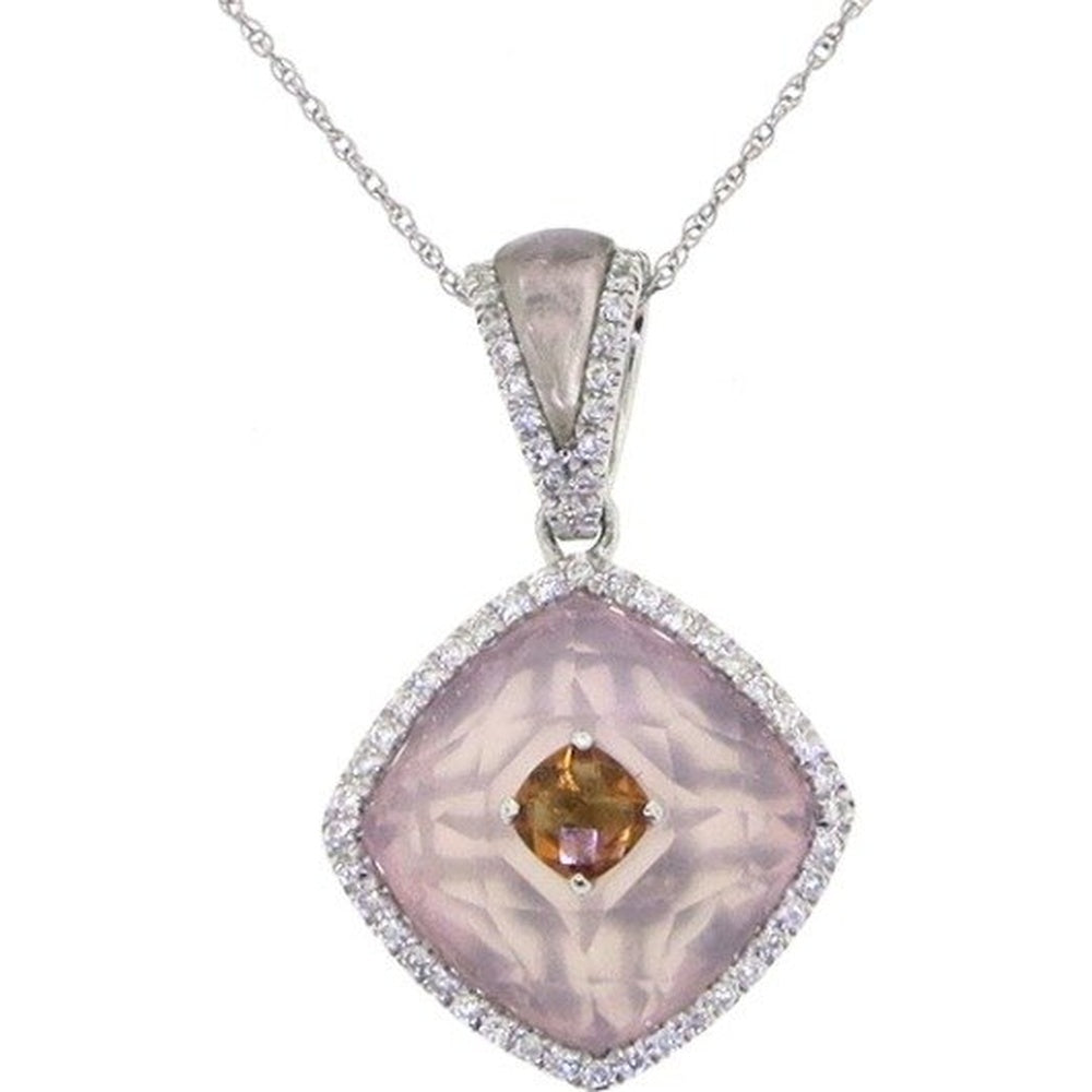 18K White Gold Halo Pendant with Carved Rose Quartz and Amber Center Stone - 0.26 Carat Total Diamond Weight by Auriventus