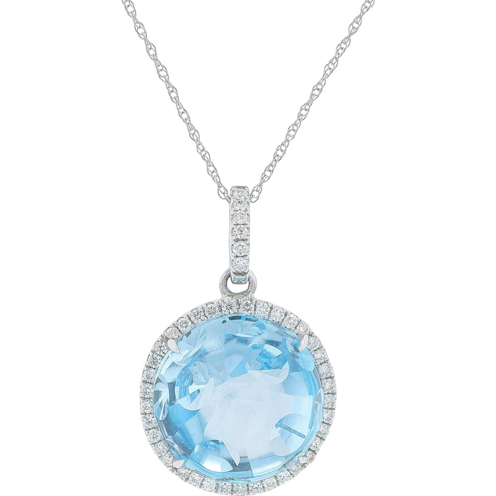 18K White Gold Halo Pendant with Oval Blue Topaz and Round Diamond Accents - 17.62 Carat Total Topaz Weight
