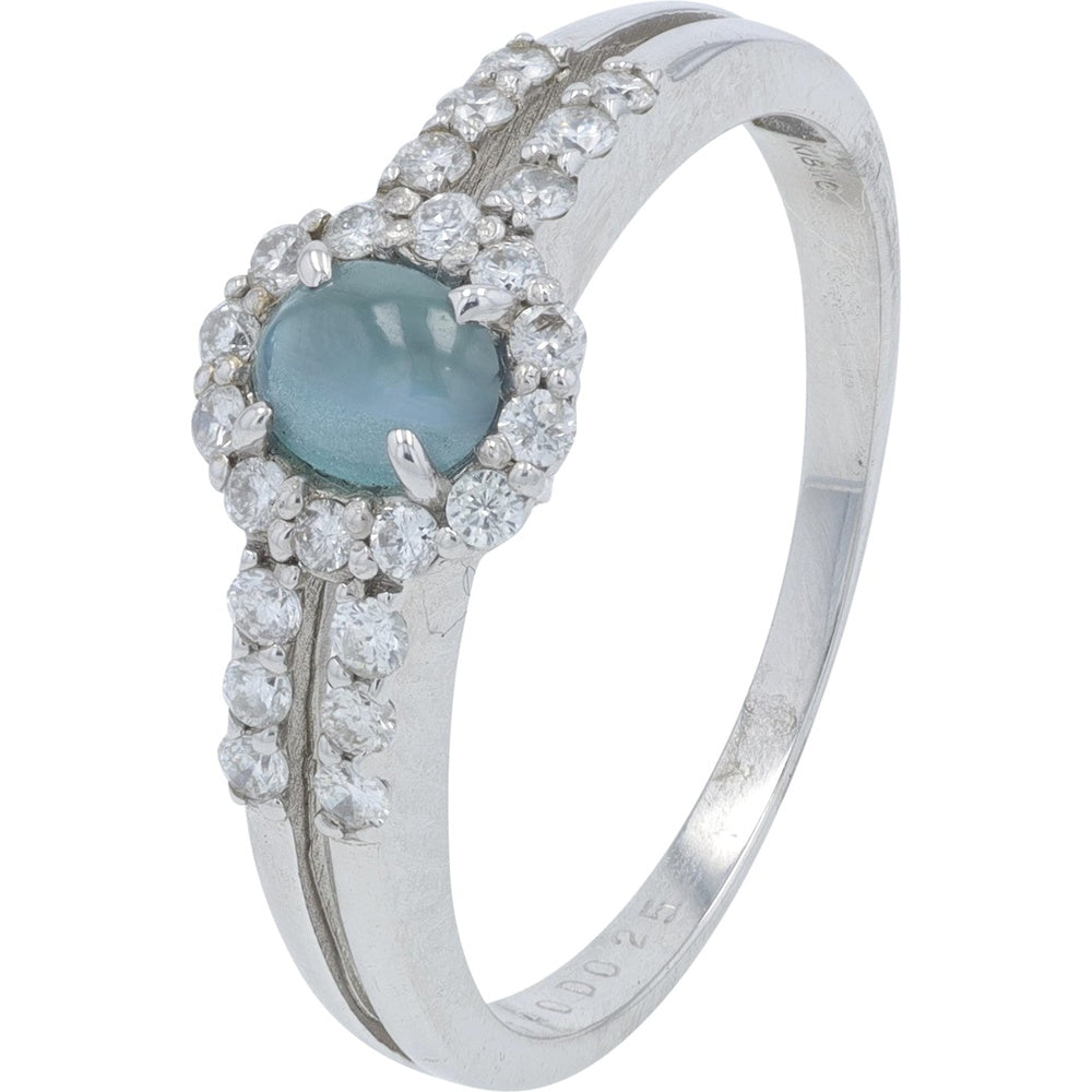 18K White Gold Halo Ring with 0.40 Carat Cat's Eye and 0.25 Carat Round Diamonds