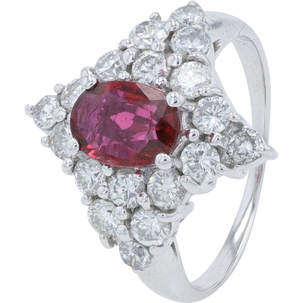 18K White Gold Halo Ring with 1.01 Carat Oval Ruby and 1.20 Carat Round Diamonds - Size 6