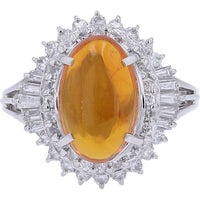 18K White Gold Halo Ring with 2.30 Carat Oval Fire Opal and 0.71 Carat Round and Baguette Diamond Accents