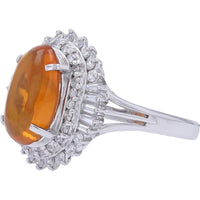 18K White Gold Halo Ring with 2.30 Carat Oval Fire Opal and 0.71 Carat Round and Baguette Diamond Accents