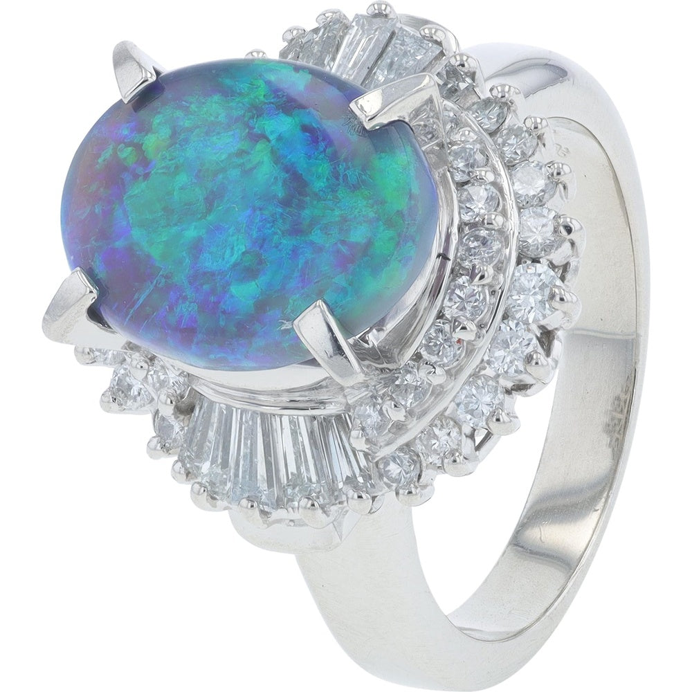 18K White Gold Halo Ring with 3.23 Carat Cabochon Black Opal and 0.94 Carat Round and Baguette Diamond Accents - Size 6