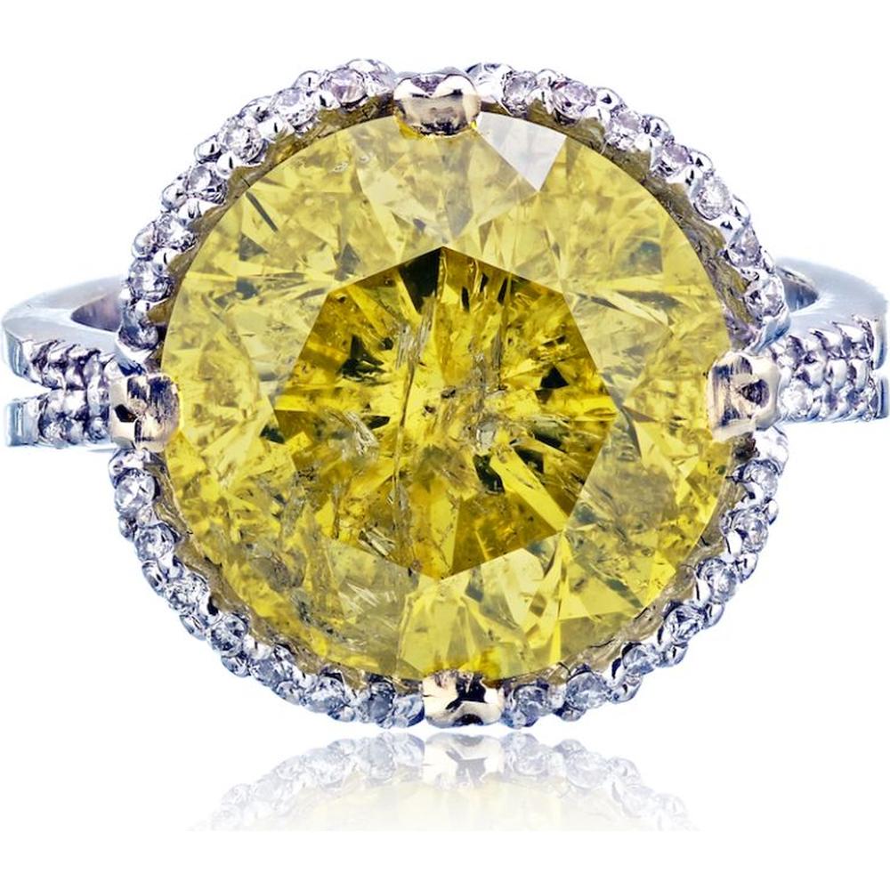 18K White Gold Halo Ring with 7.58 Carat Round Treated Yellow Diamond and Accent Diamonds