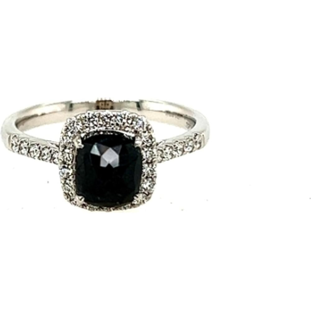18K White Gold Halo Ring with Cushion Shape Black Diamond and White Diamond Accents by Afarin