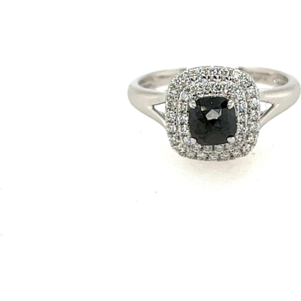 18K White Gold Halo Ring with Cushion Shape Black Diamond and White Diamonds by Afarin