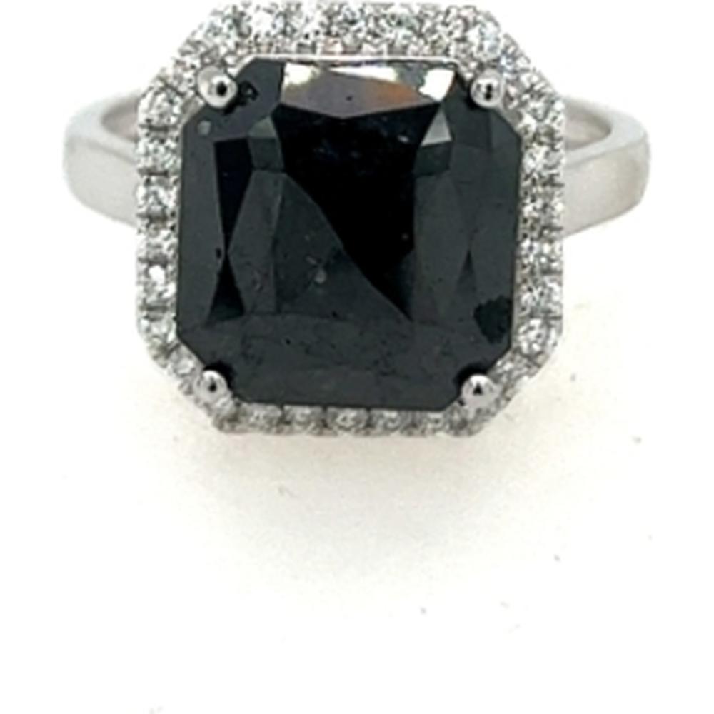18K White Gold Halo Ring with Cushion-Shaped Black Diamond and White Diamonds by Afarin