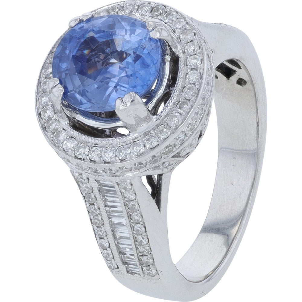 18K White Gold Halo Ring with Oval Ceylon Sapphire and 1.00 Carat Total Diamond Accents - 2.32 Carat Total Gem Weight