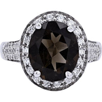 18K White Gold Halo Ring with Oval Smoky Quartz and Round Diamonds - 3.70 Carat Smoky Quartz and 1.16 Carat Total Diamond Weight