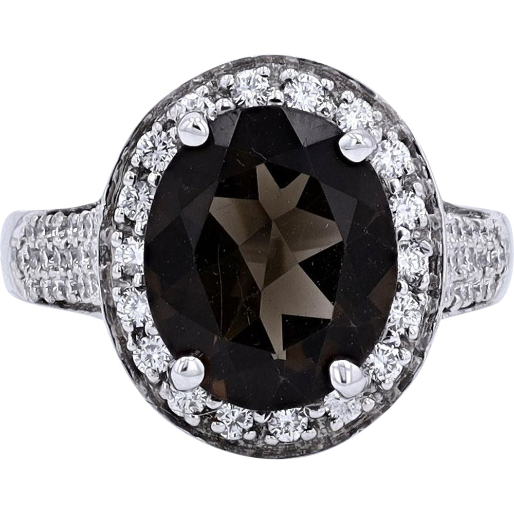 18K White Gold Halo Ring with Oval Smoky Quartz and Round Diamonds - 3.70 Carat Smoky Quartz and 1.16 Carat Total Diamond Weight