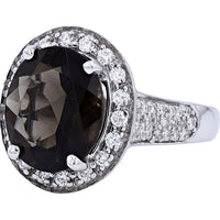 18K White Gold Halo Ring with Oval Smoky Quartz and Round Diamonds - 3.70 Carat Smoky Quartz and 1.16 Carat Total Diamond Weight