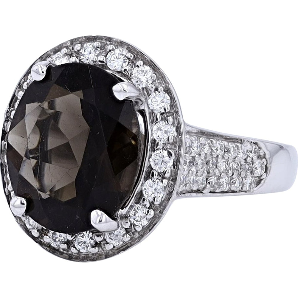 18K White Gold Halo Ring with Oval Smoky Quartz and Round Diamonds - 3.70 Carat Smoky Quartz and 1.16 Carat Total Diamond Weight