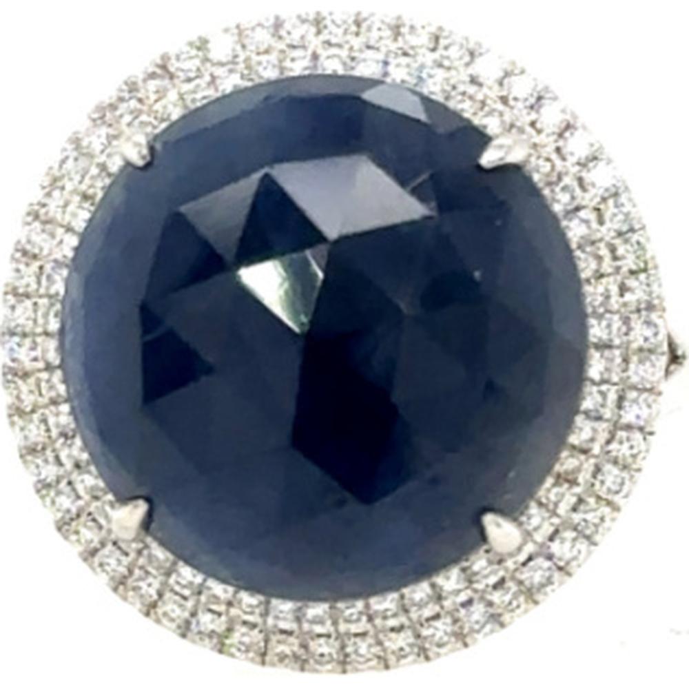 18K White Gold Halo Ring with Round Blue Sapphire and Diamond Accents by Afarin