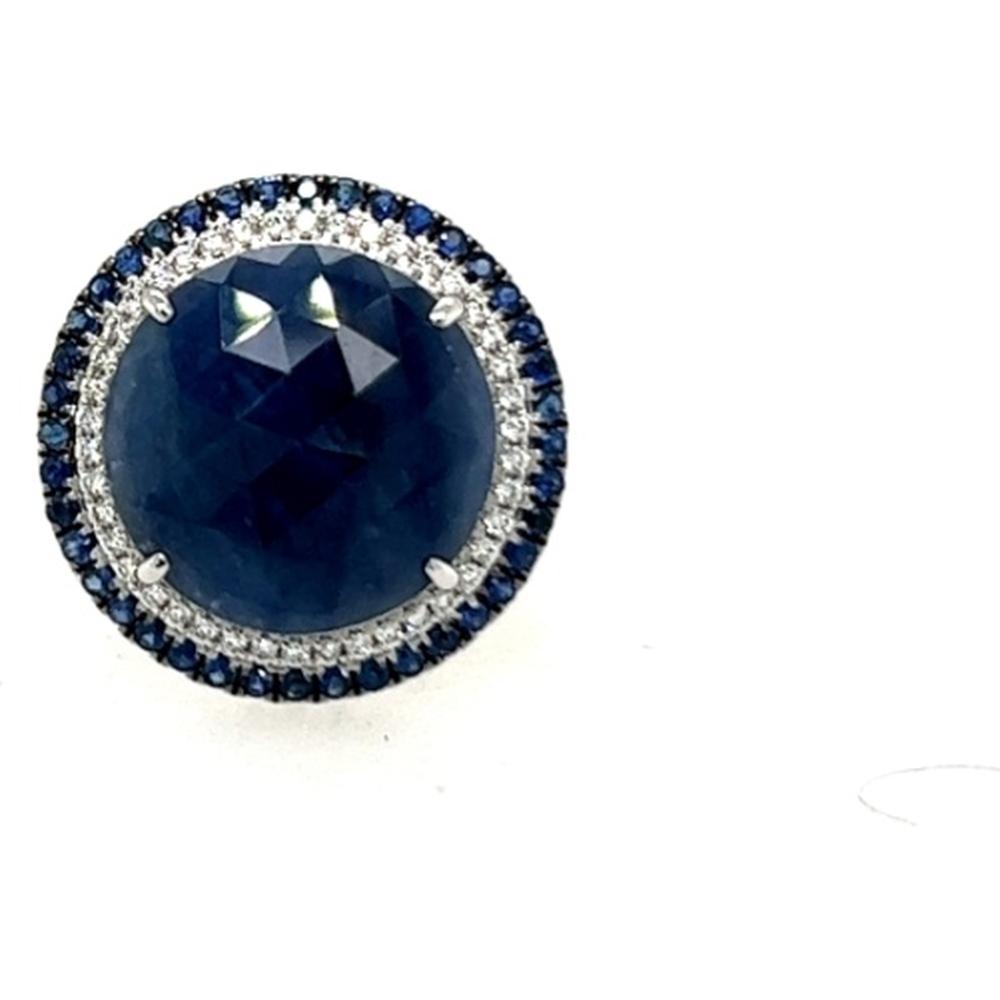 18K White Gold Halo Ring with Round Sliced Blue Sapphire, Diamond Accents, and Blue Sapphire Border by Afarin