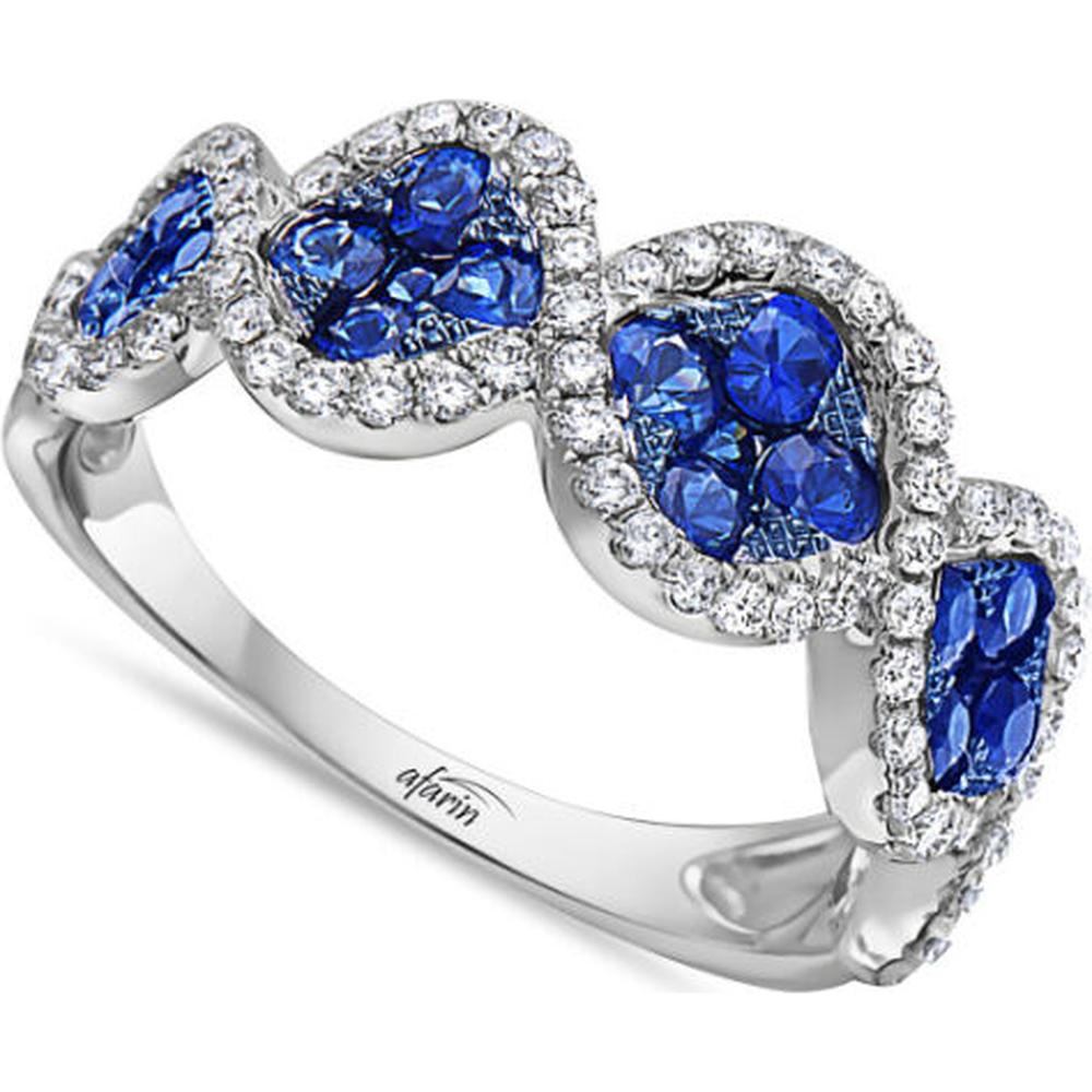 18K White Gold Heart Motif Ring with Blue Sapphires and Diamond Halos by Afarin