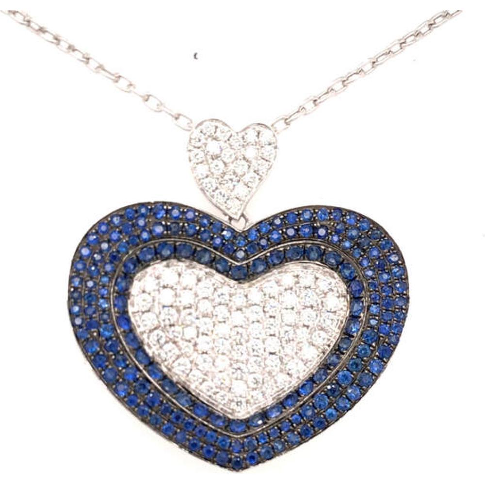 18K White Gold Heart Pendant Necklace with Blue Sapphires and Diamonds by Afarin