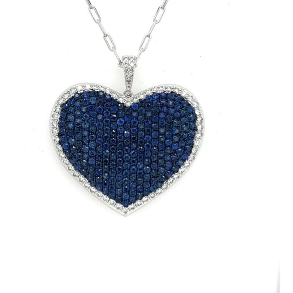 18K White Gold Heart Pendant with Blue Sapphires and Diamond Halo by Afarin