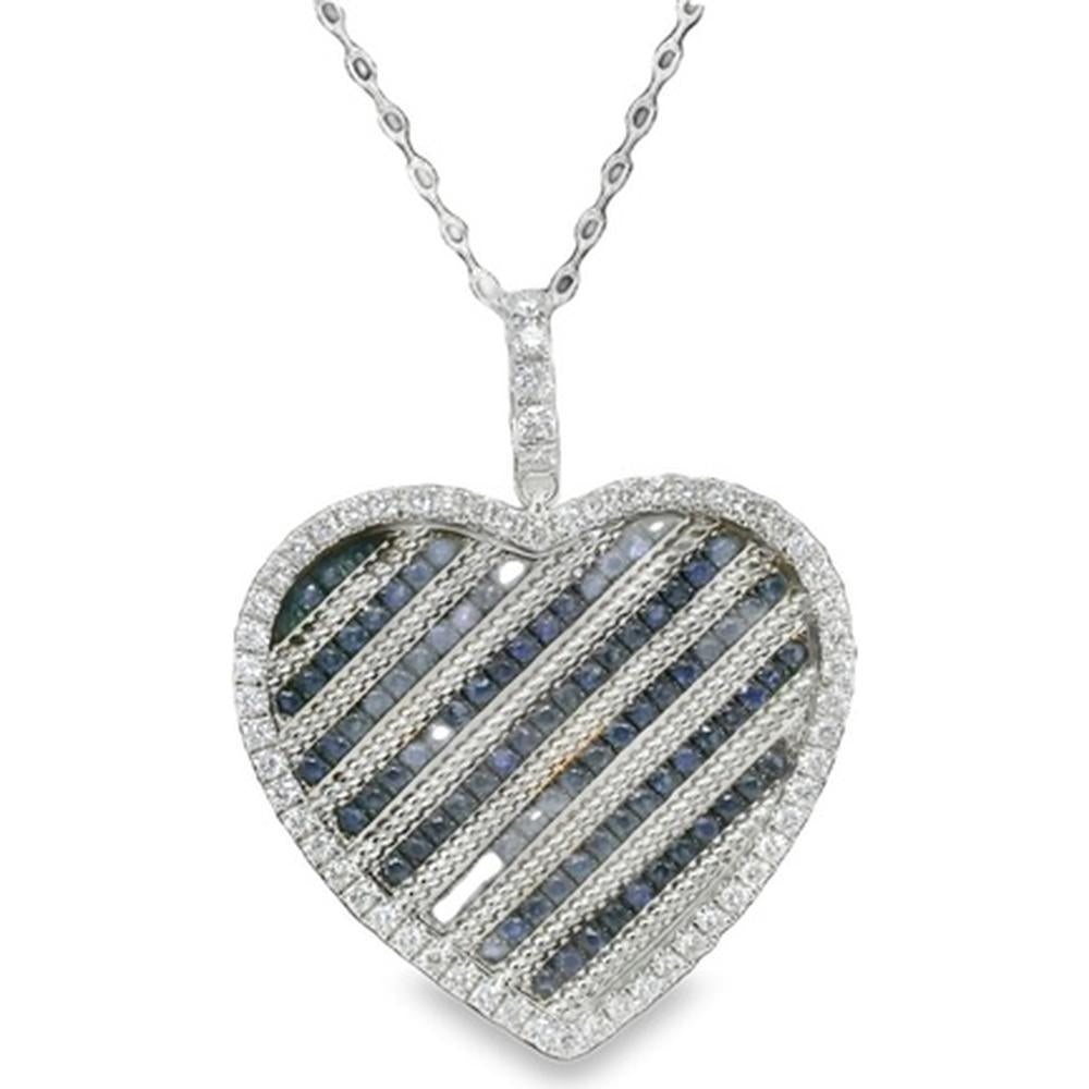 18K White Gold Heart Pendant with Diamonds and Blue Sapphires by Afarin