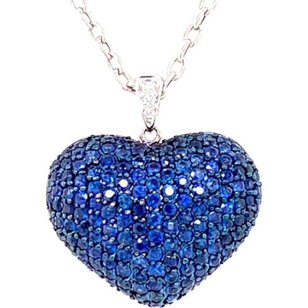 18K White Gold Heart Pendant with Pavé Blue Sapphires and Diamond Accent Bail by Afarin