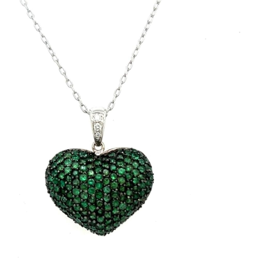 18K White Gold Heart Pendant with Pavé Emeralds and Diamond-Accented Bail by Afarin