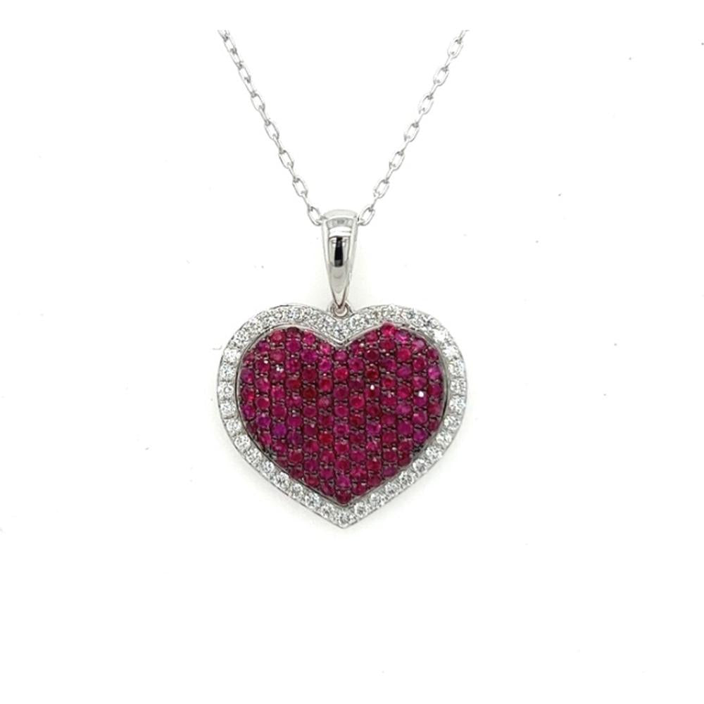 18K White Gold Heart Pendant with Pavé Rubies and Diamond Halo by Afarin