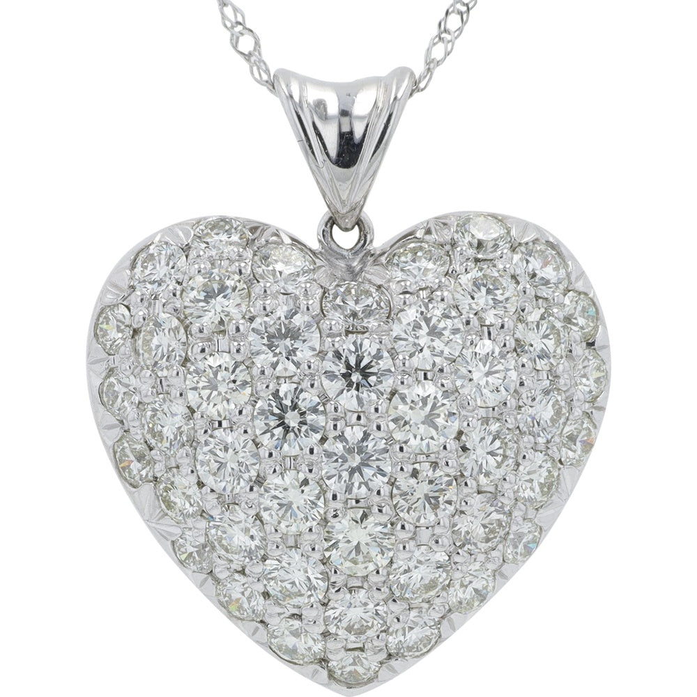 18K White Gold Heart Pendant with Pavé-Set Round Diamonds - 2.00 Carat Total Diamond Weight on 18-Inch Chain