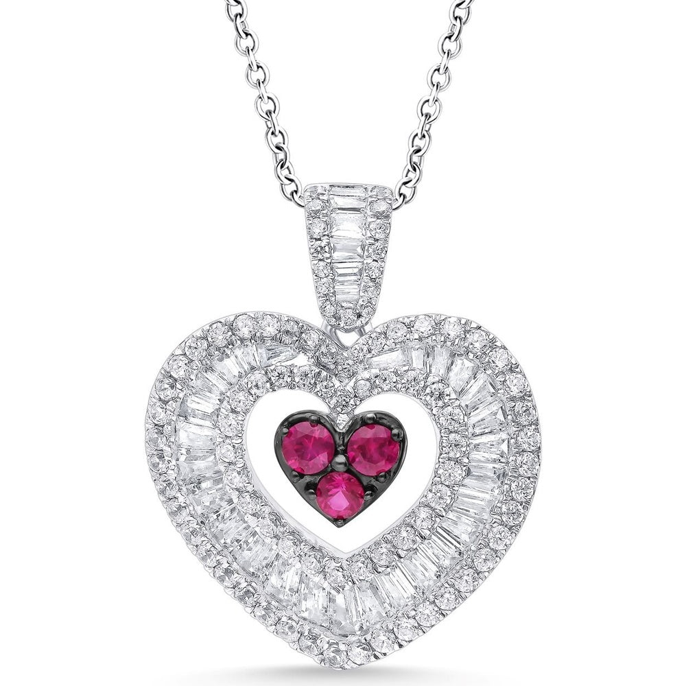 18K White Gold Heart Pendant with Round Pink Gemstones and Mixed Round and Baguette Diamonds - 1.89 Carat Total Diamond Weight by Auriventus
