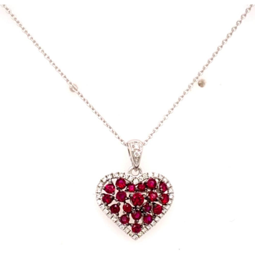18K White Gold Heart Pendant with Round Rubies and Diamond Halo by Afarin