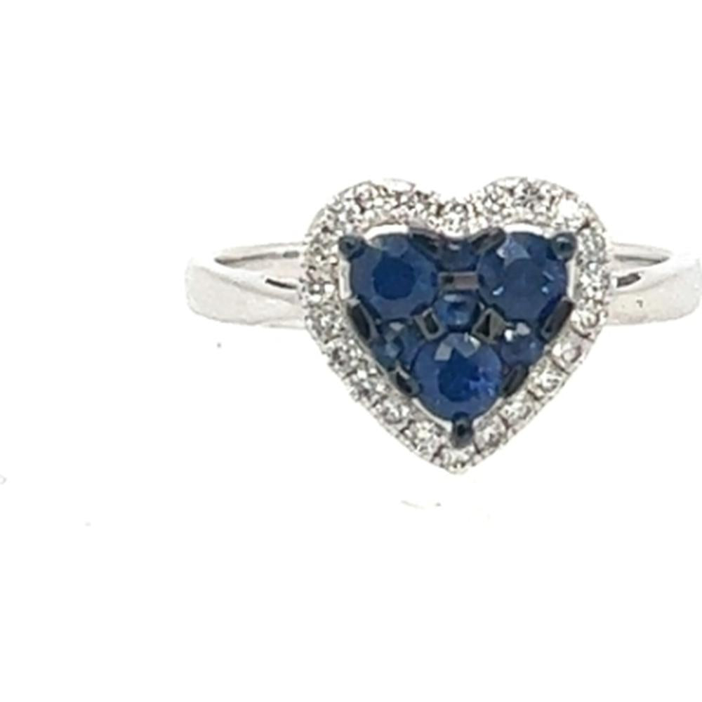 18K White Gold Heart Ring with Blue Sapphires and Diamond Halo by Afarin