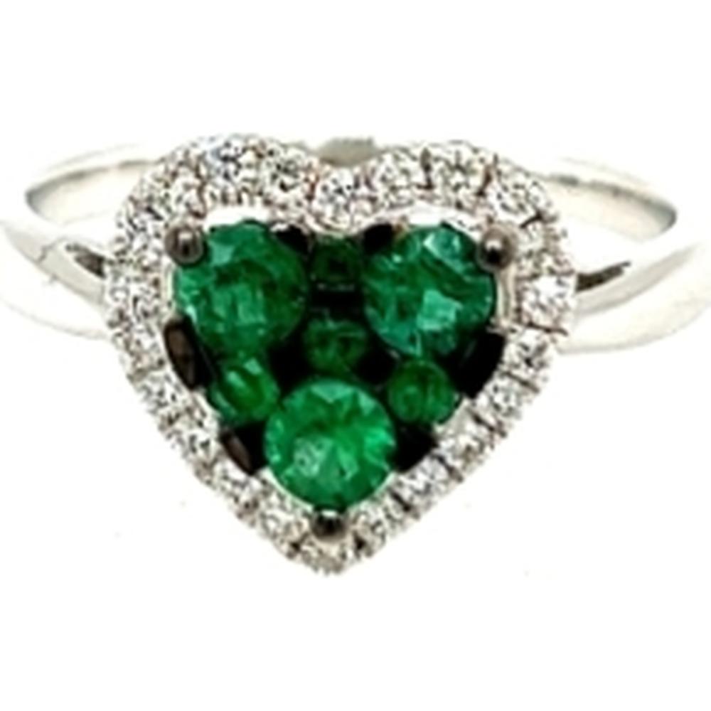 18K White Gold Heart Ring with Emerald Cluster Center and Diamond Halo by Afarin