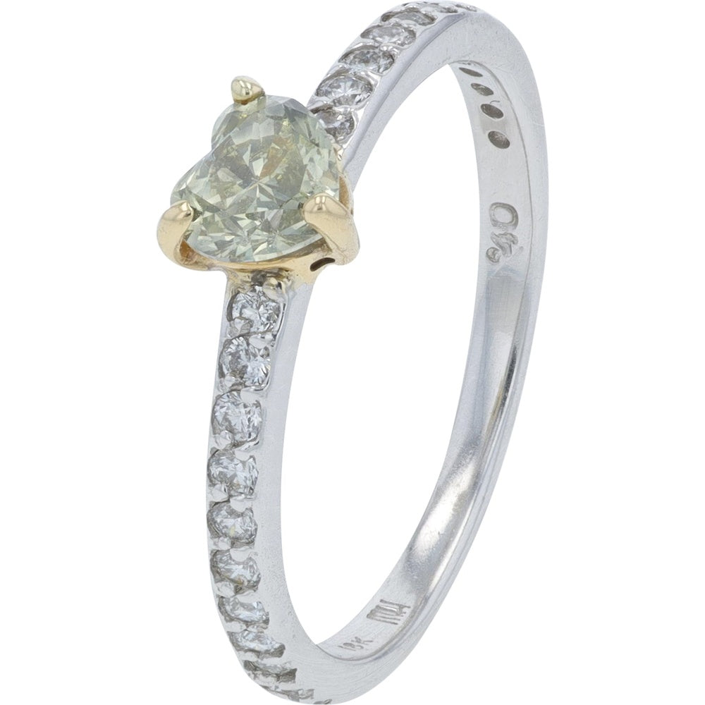 18K White Gold Heart Shaped Diamond Ring with Pavé Accented Band - 0.58 Carat Total Diamond Weight