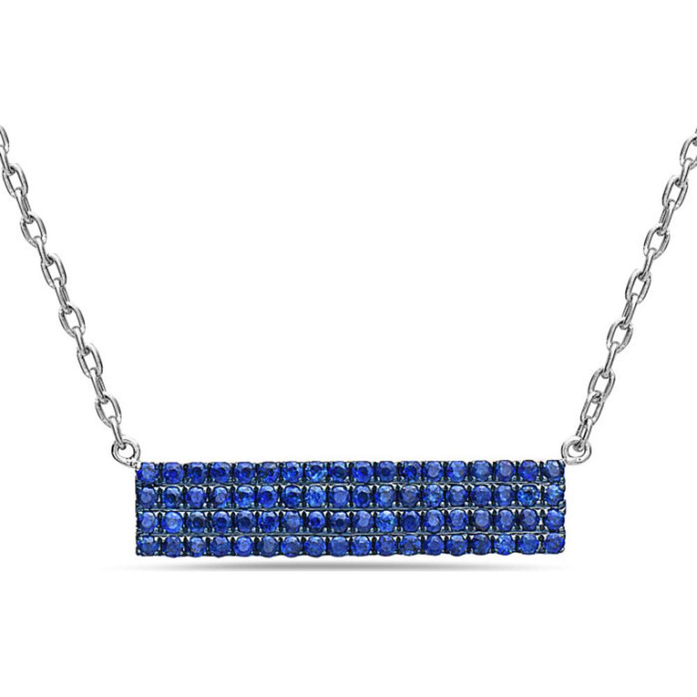18K White Gold Horizontal Bar Pendant Necklace with Round Blue Sapphires by Afarin
