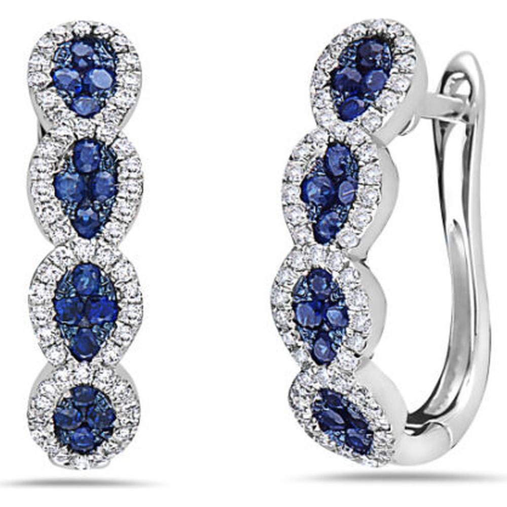18K White Gold Huggie Earrings with Blue Sapphires and Diamond Halo Accents by Afarin