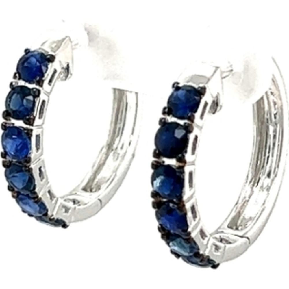 18K White Gold Huggie Earrings with Prong-Set Round Blue Sapphires by Afarin