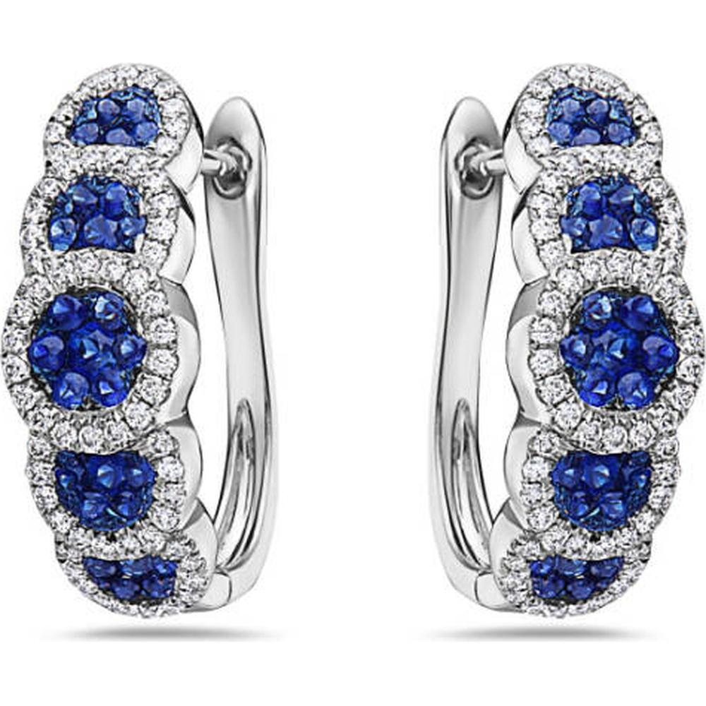 18K White Gold Huggie Earrings with Round Blue Sapphires and Diamond Halos by Afarin