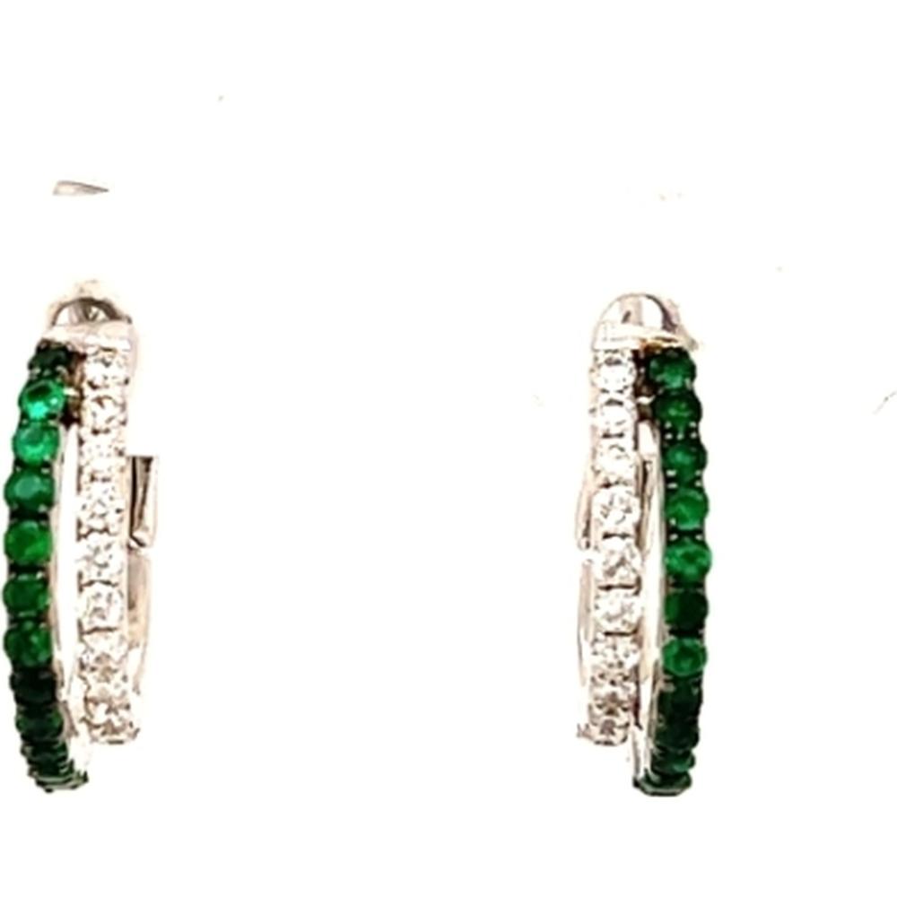 18K White Gold Huggie Earrings with Round Emeralds and Diamonds by Afarin
