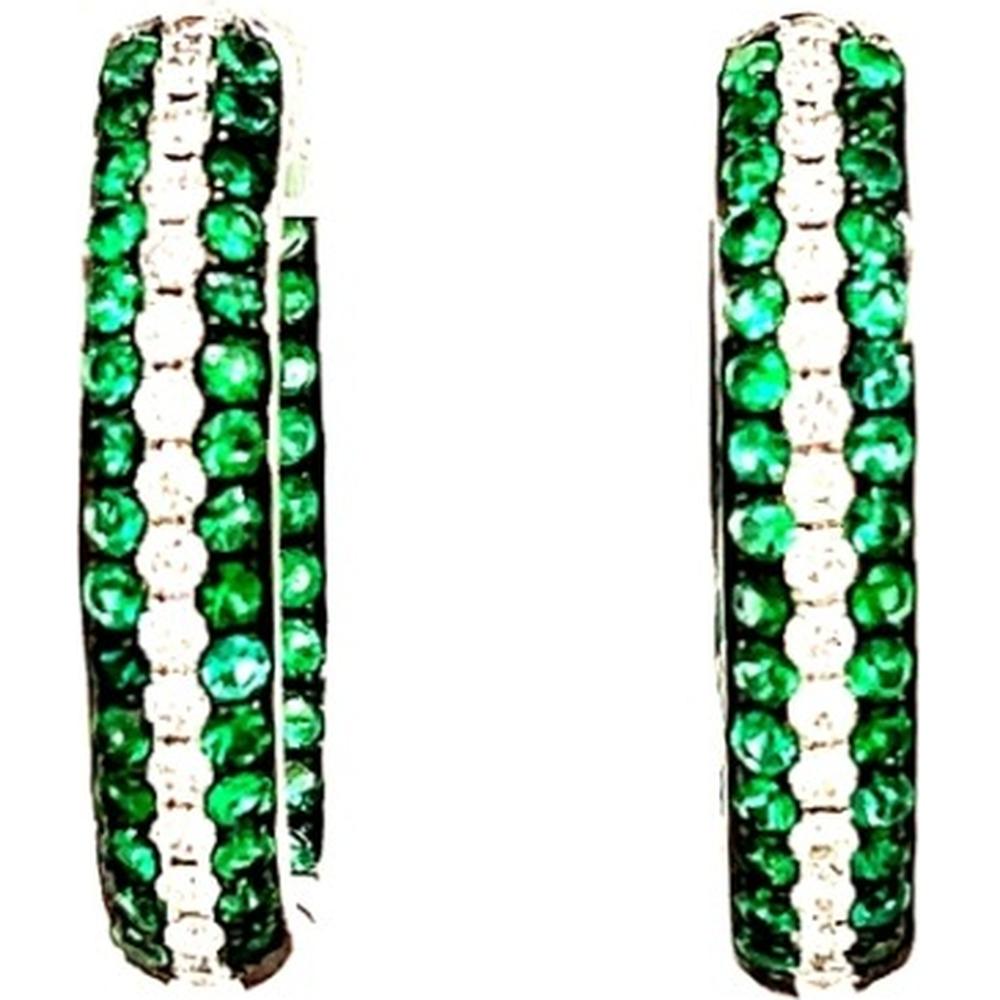 18K White Gold Huggie Earrings with Round Emeralds and Round Diamonds by Afarin