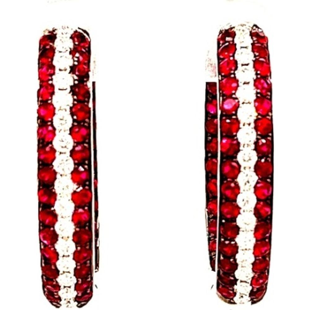 18K White Gold Huggie Earrings with Round Rubies and Center Row Diamonds by Afarin