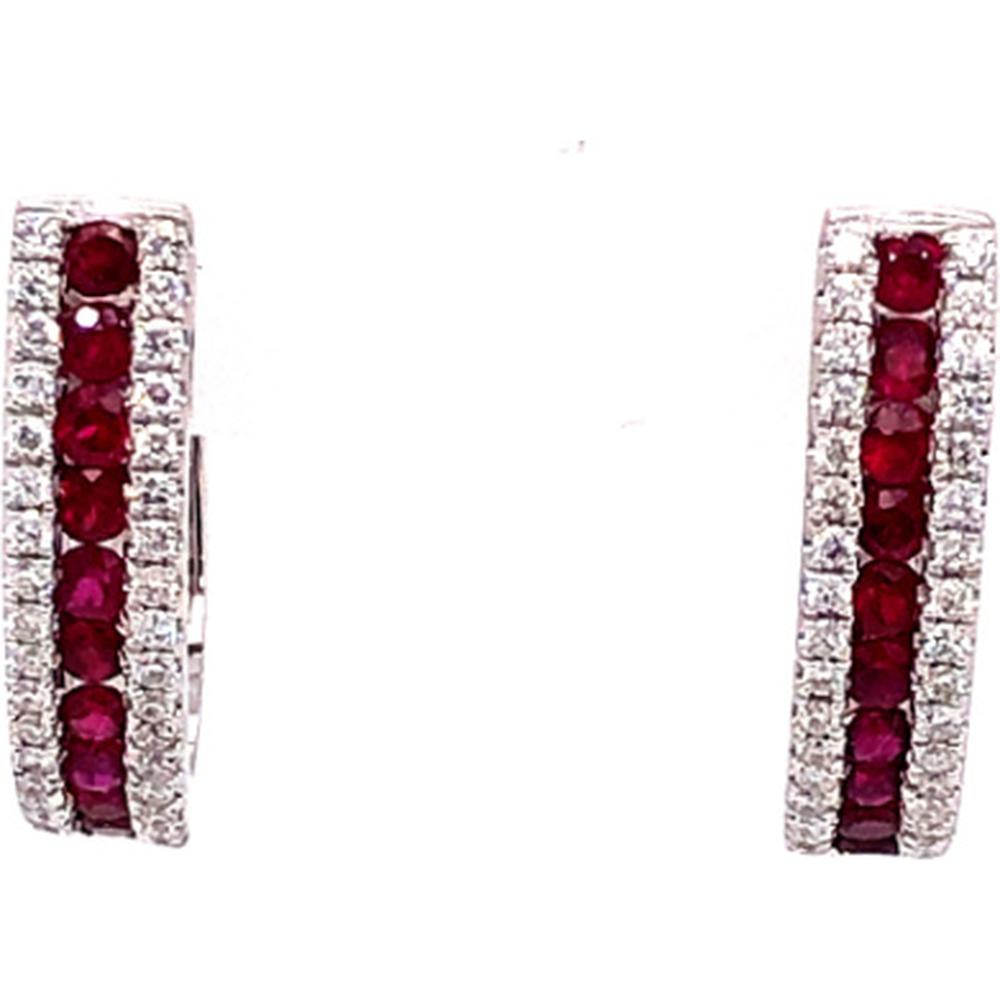 18K White Gold Huggie Earrings with Round Rubies and Diamond Accents by Afarin