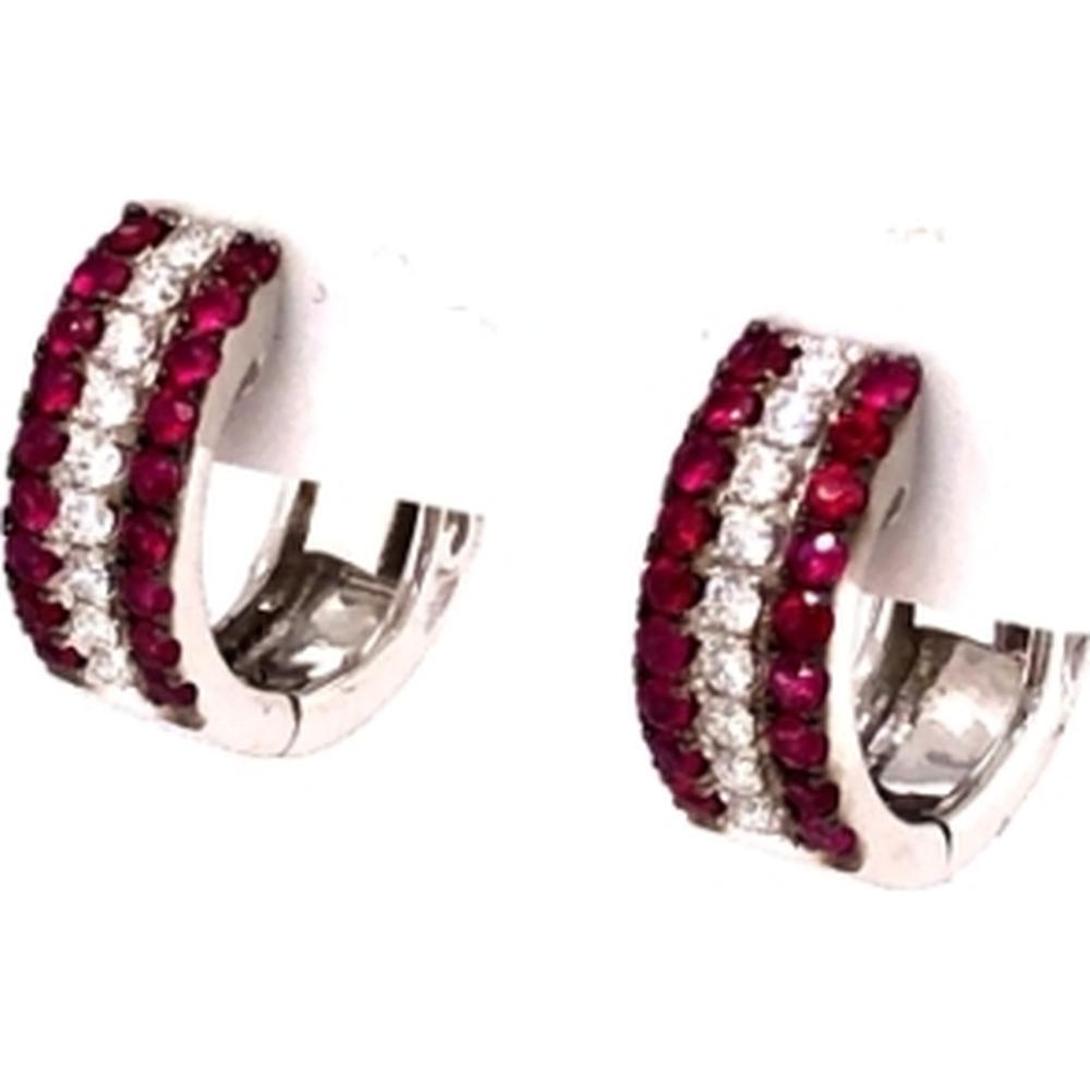 18K White Gold Huggie Earrings with Triple Rows of Round Rubies and Diamonds by Afarin