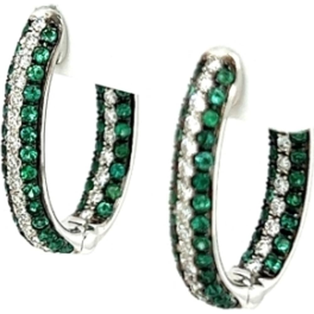 18K White Gold Huggie Hoop Earrings with Round Emeralds and Diamond Accents by Afarin
