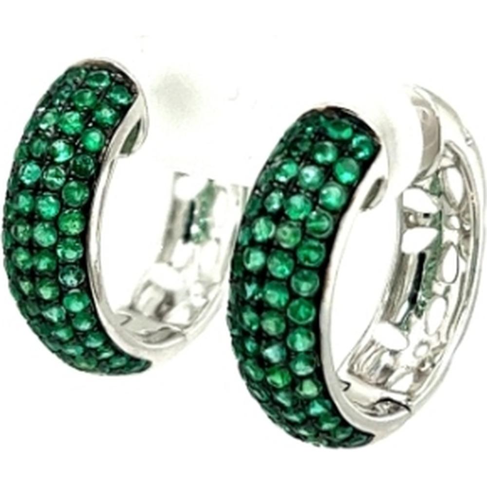 18K White Gold Huggie Hoop Earrings with Round Emeralds by Afarin