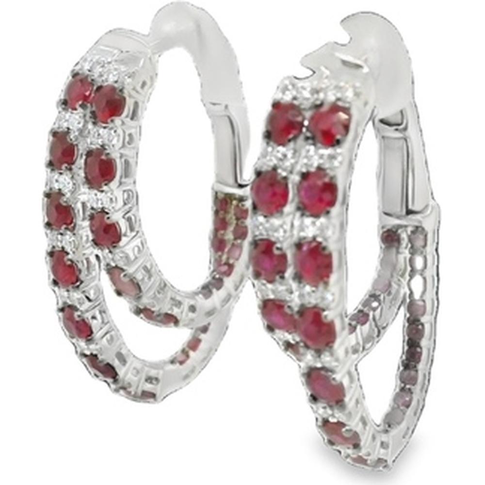 18K White Gold Huggie Hoop Earrings with Round Rubies and Diamond Accents by Afarin