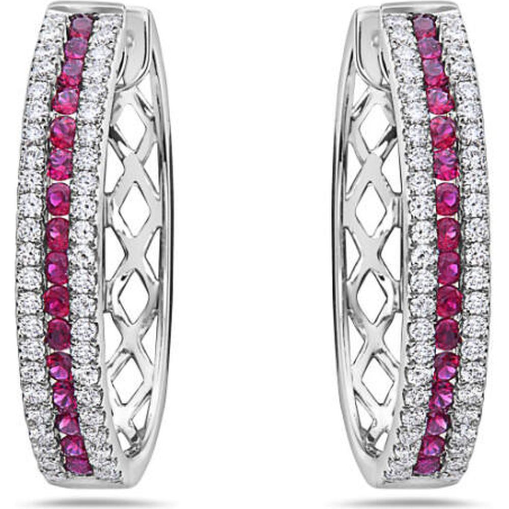 18K White Gold Huggie Hoop Earrings with Round Rubies and Diamond Accents by Afarin