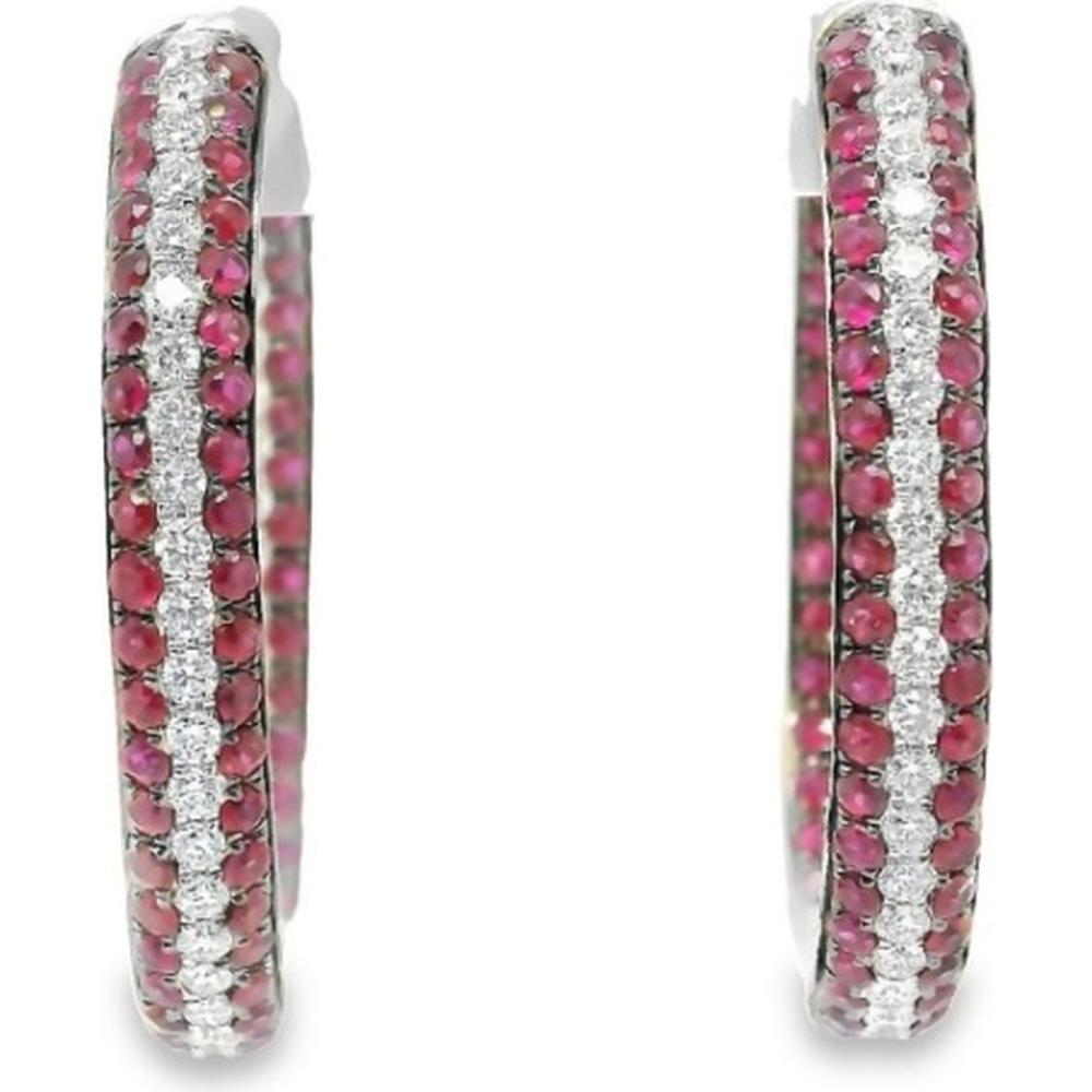 18K White Gold Huggie Hoop Earrings with Round Rubies and Diamond Center Rows by Afarin